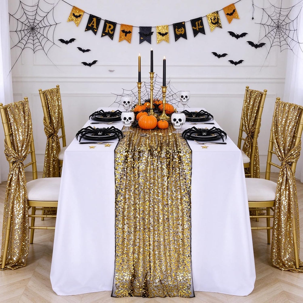 Black Gold Sequin Table Runner Rectangular Glitter Halloween Party Reusable