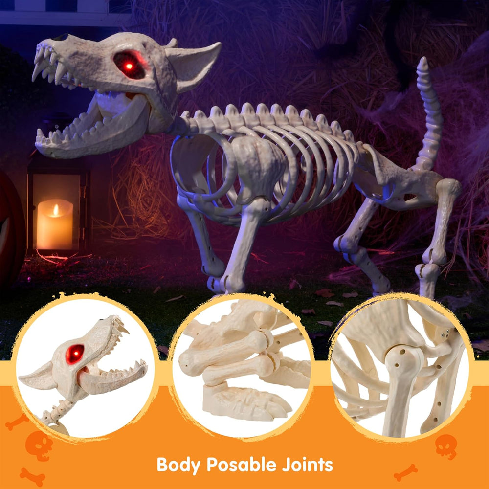 JOYIN Howling Wolf Skeletons Halloween Decorations 34” Skeleton Dog with Red ...