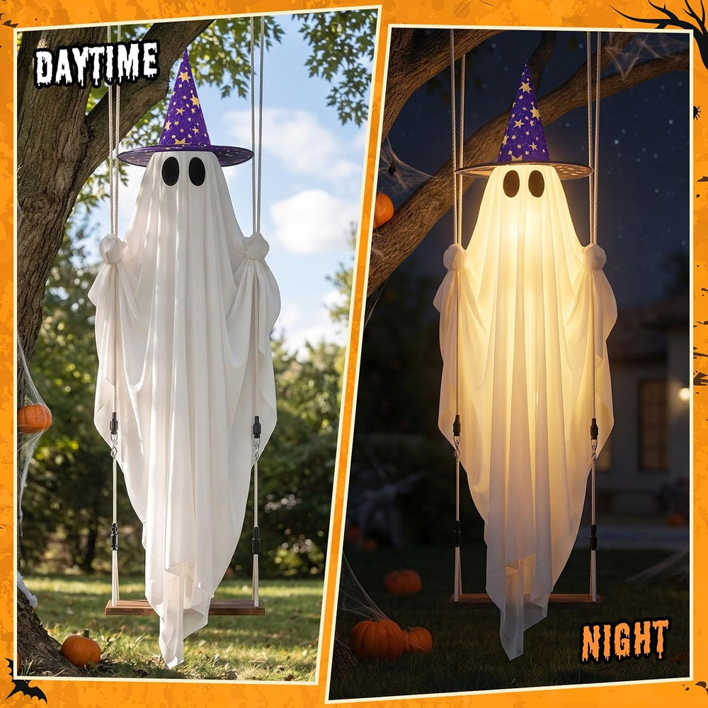 Halloween Ghost Decor with Bat & Hat - 11 FT Large Hanging Swinging Ghost