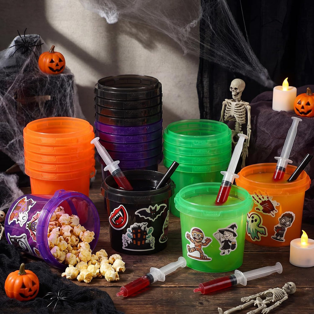 Funnymoom 32 Pcs Halloween Drink Bucket Cups with Lids and Straw, 34oz