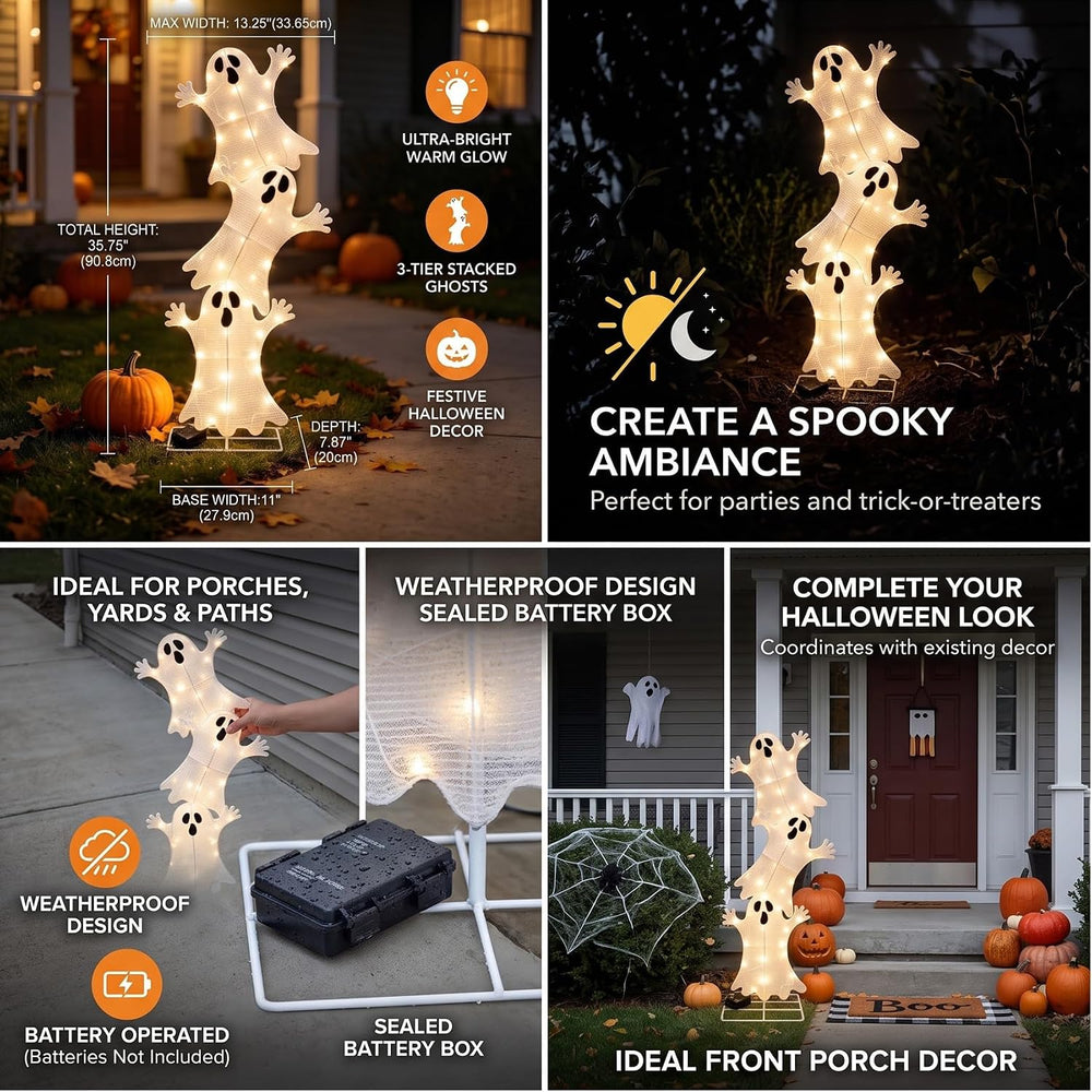3-Tier Stacked Ghost Halloween Lighted Outdoor Display