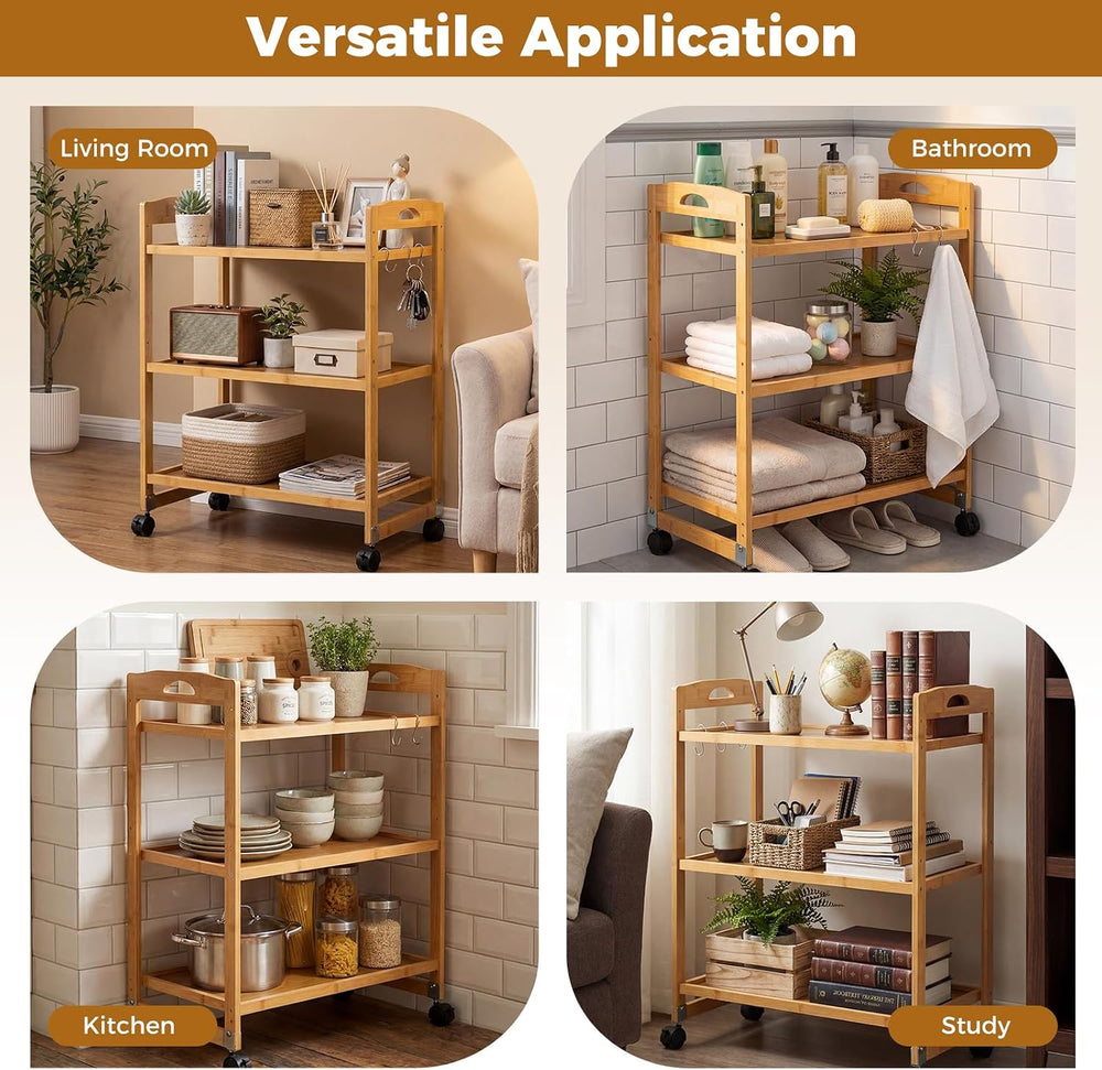 GIANTEX 3-Tier Rolling Storage Cart, Bamboo Utility Cart w/ 3 Side Hooks &...