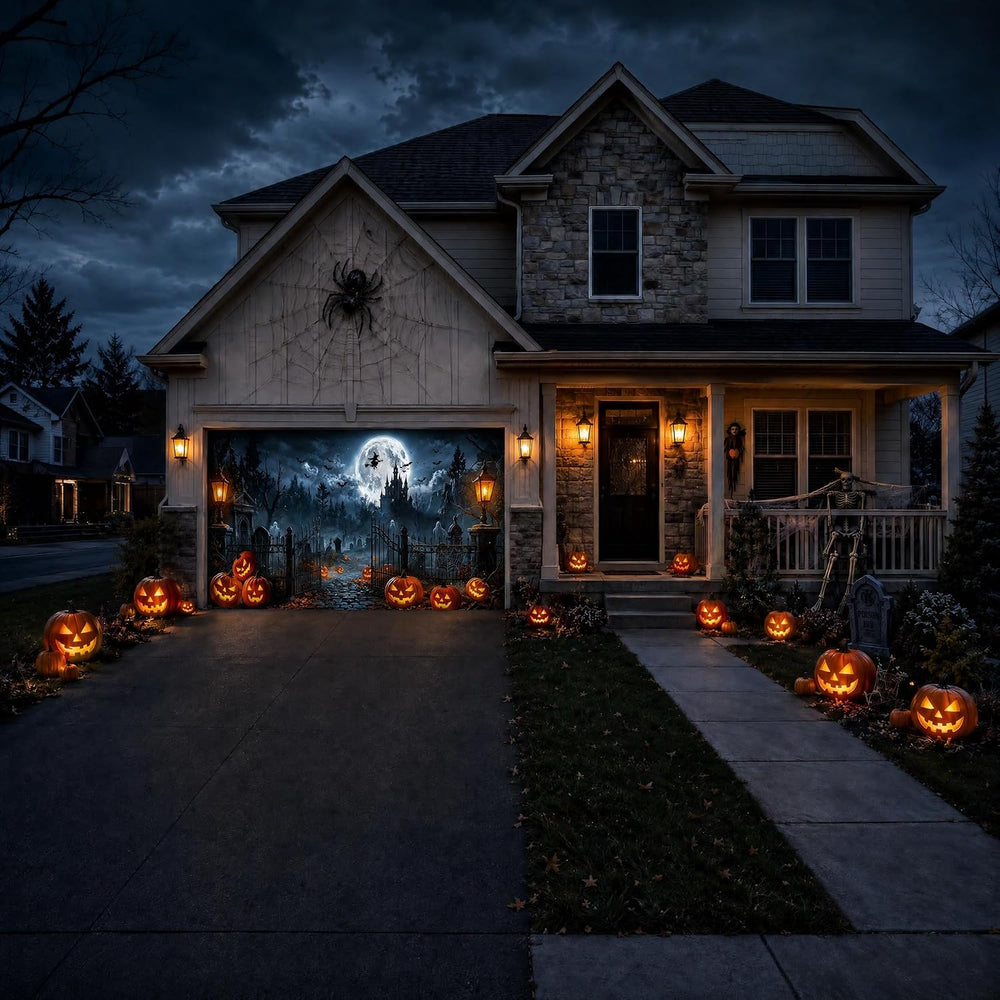 Halloween Garage Door Cover, 7' x 16' Haunted Castle Door Design