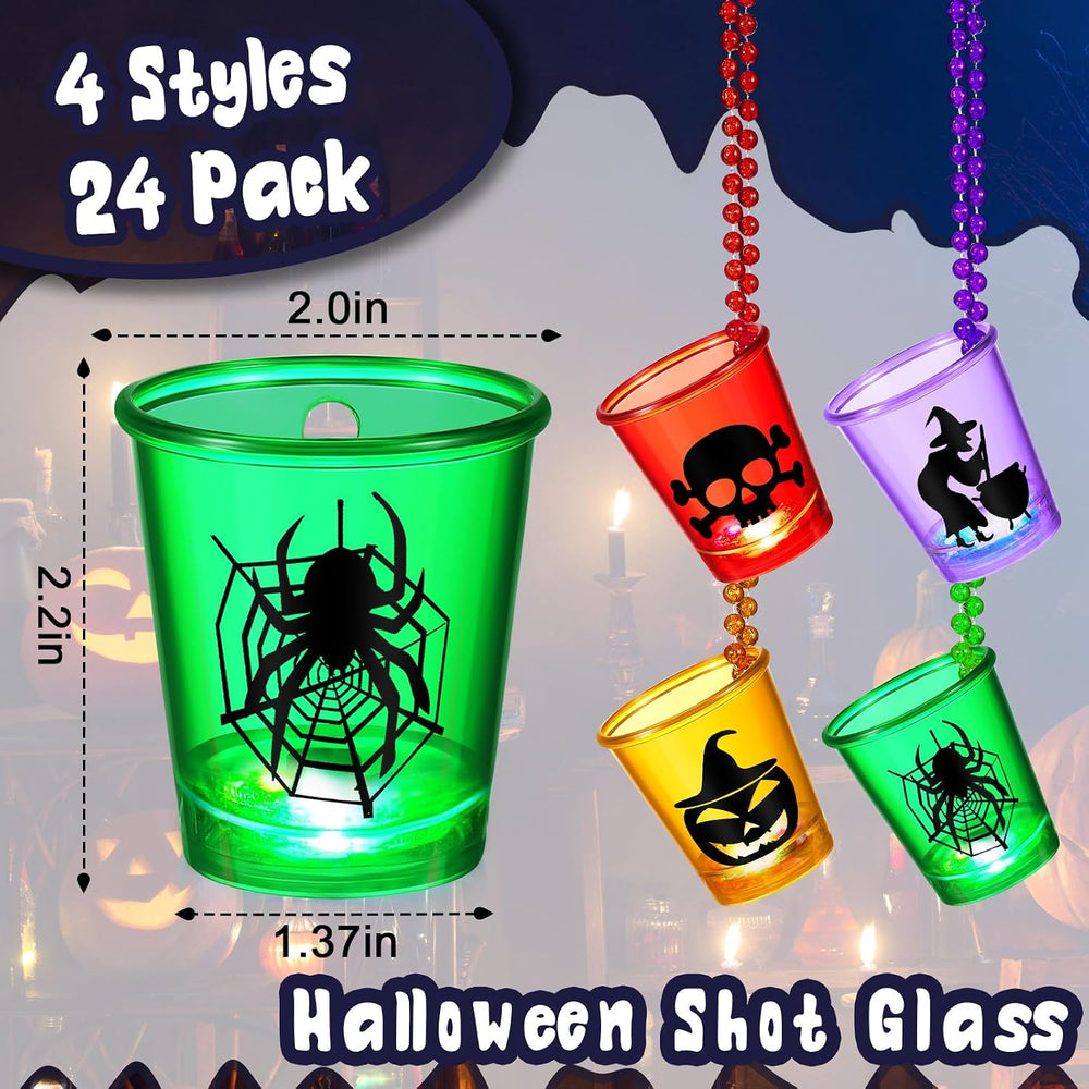 Henoyso 24 Pcs Halloween Shot Glass on Beaded Necklace Skull Plastic Shot Gla...
