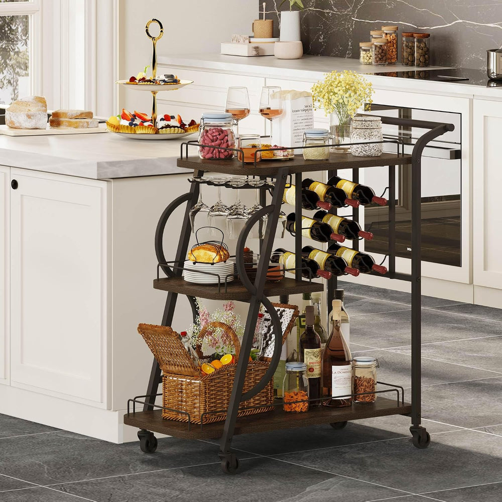 Rustic Bar Cart, 3 Tier Rolling Bar Carts for The Home, Industrial Home Servi...