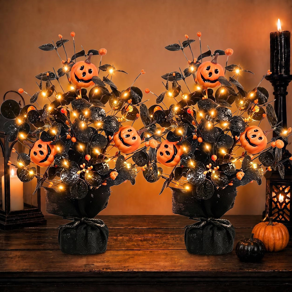 2Pack Lighted Halloween Table Tree, Halloween Pumpkin Decorations for Home