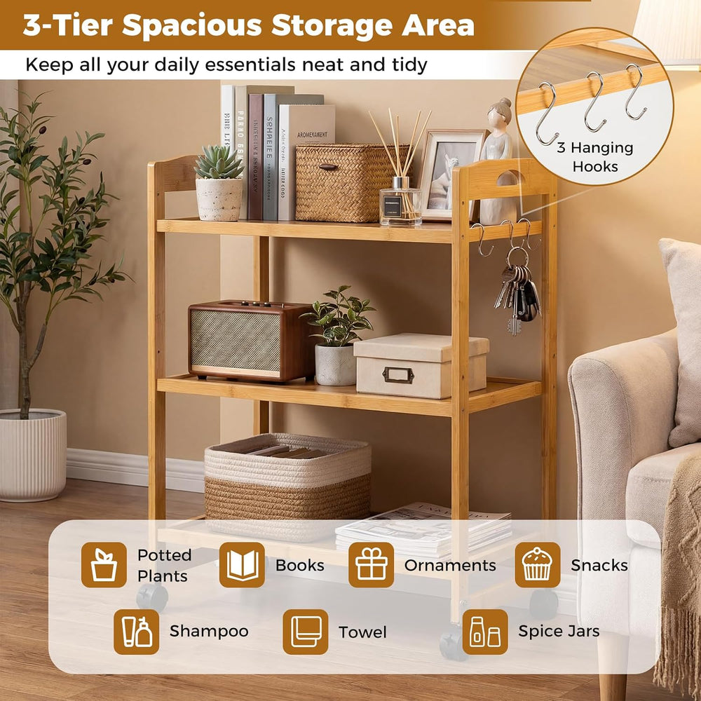 GIANTEX 3-Tier Rolling Storage Cart, Bamboo Utility Cart w/ 3 Side Hooks &...