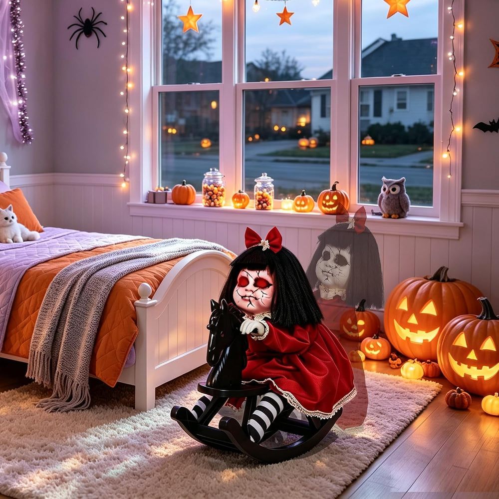 Hourleey Halloween Animatronics Decorations, Sound Activated Girl Doll on Roc...
