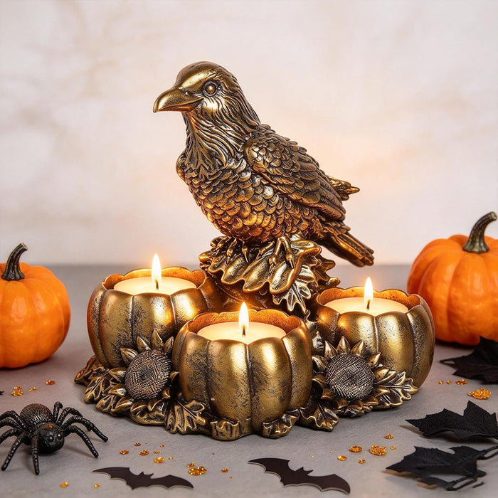 Gold Raven Candle Holders - Crow Vintage Rustic Pedestal Candlesticks, Harvest Festival Decor, Halloween Decorations, Centerpieces for Fireplace Mantle & Dining Table