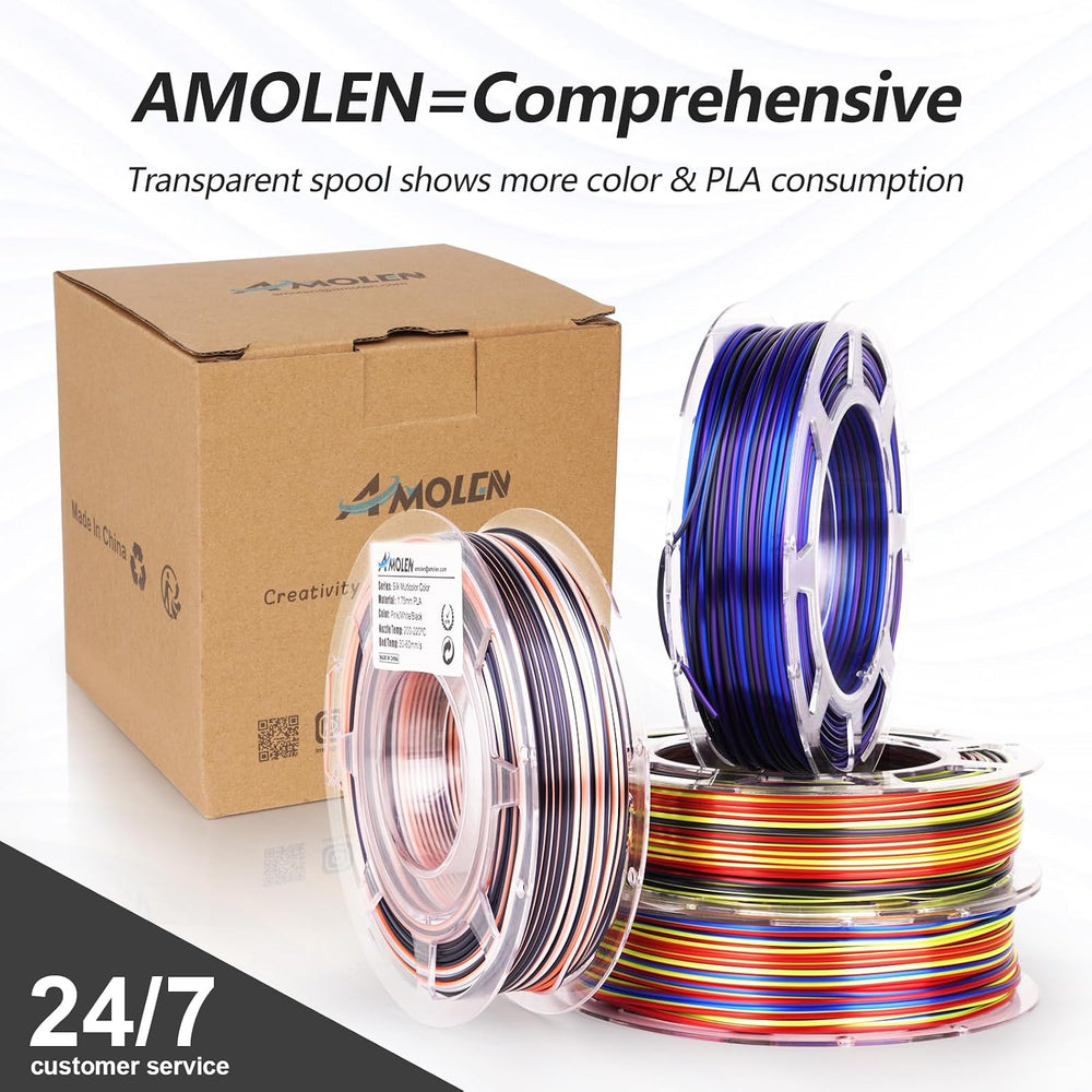 AMOLEN Silk PLA 3D Printer Filament Bundle, Shiny Multicolor Rainbow PLA Fila...
