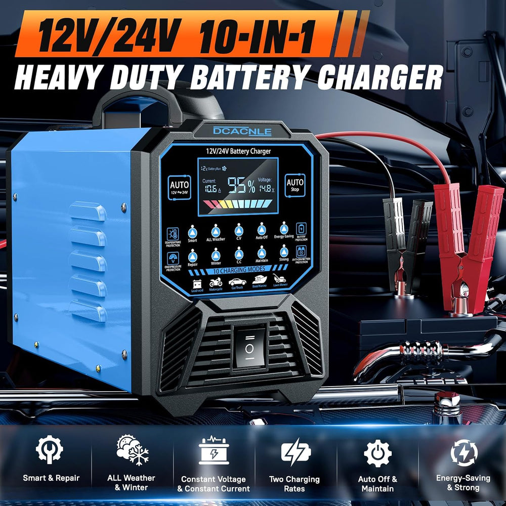 DCACNLE 12V/24V 0-15A Car Battery Charger Heavy Duty,Automatic Maintainer
