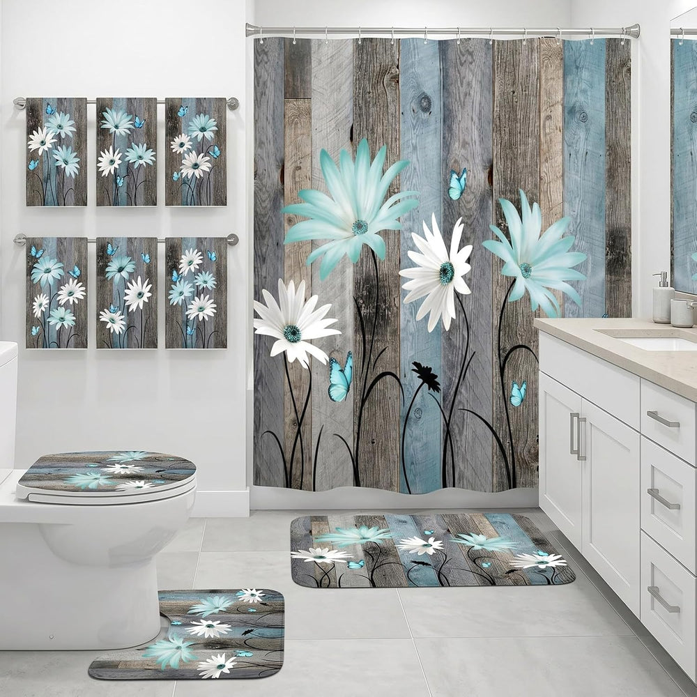 Britimes Bathroom Sets with Shower Curtain and Rugs Set of 10 Teal Wooden