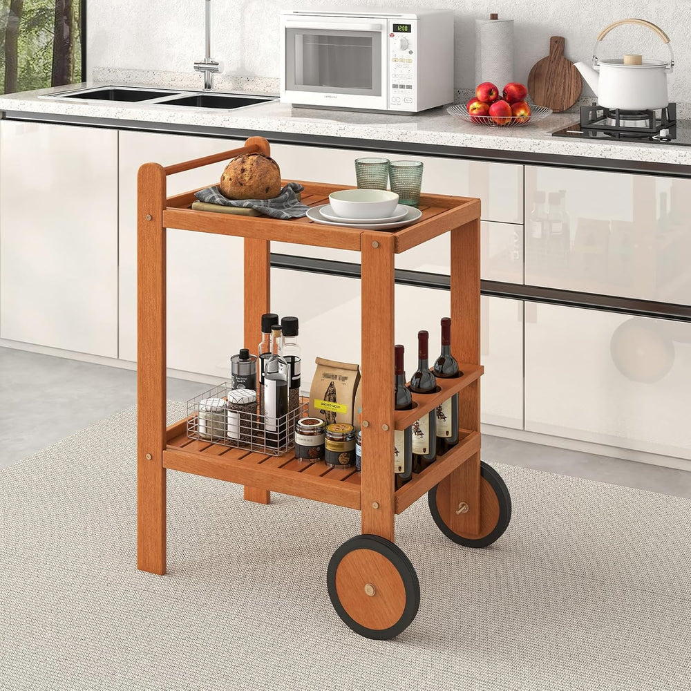 Tangkula 2-Tier Rolling Bar Cart with Rubber Wheels, Natural