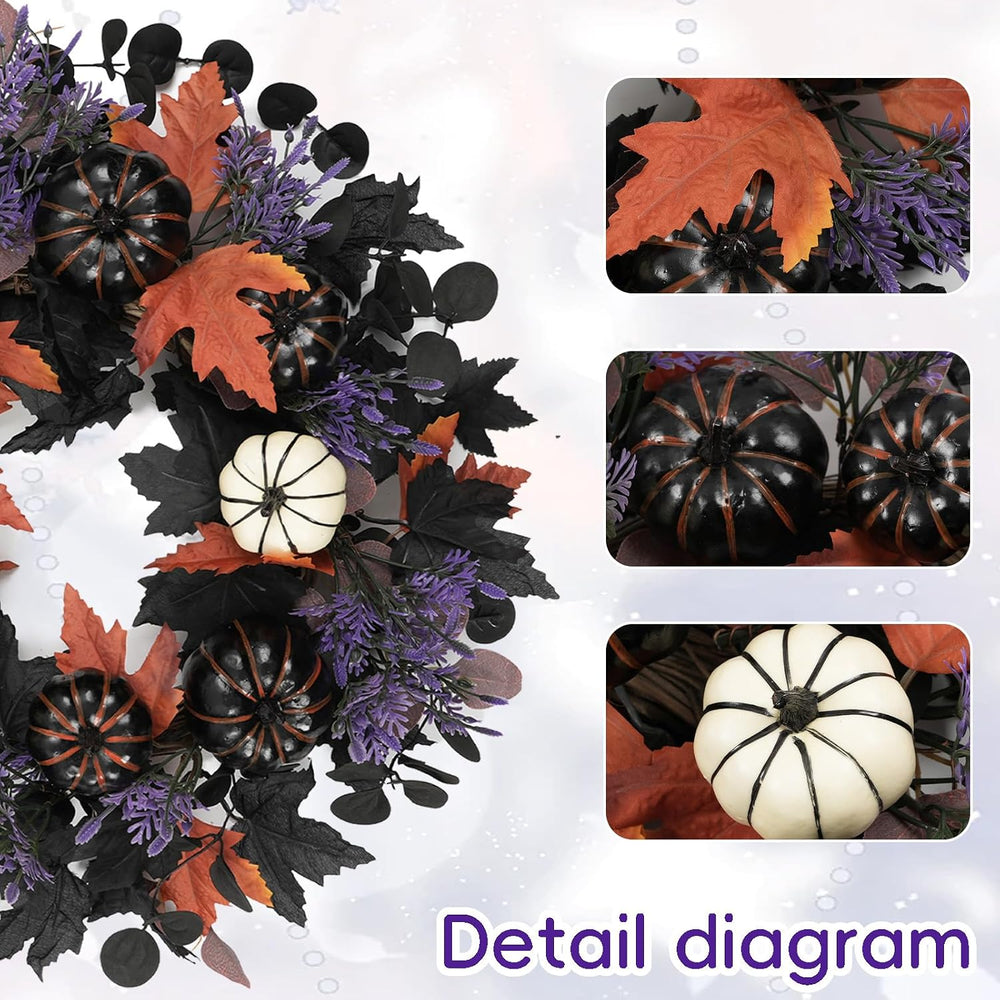 22" Halloween Wreaths for Front Door Black White Pumpkins Fall Wreath