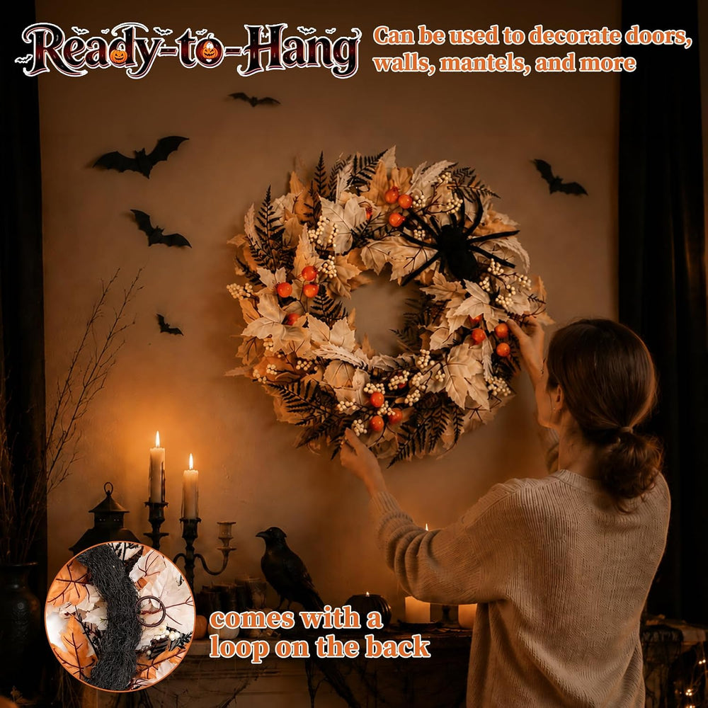 Grooy 24 Inch Halloween Wreath for Front Door with Spider Maple Leaf
