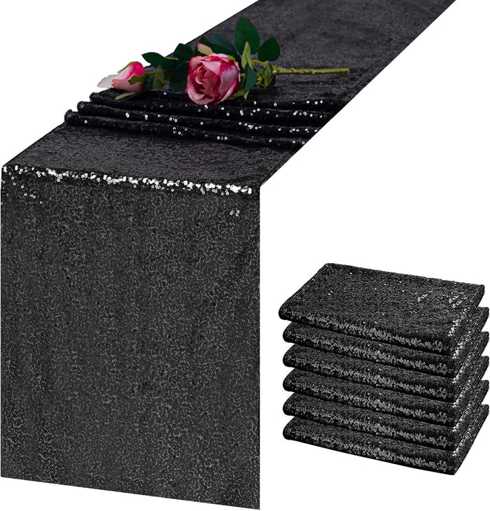 6 Pack Black Sequin Table Runner 12x108 Inch, High Density Sparkly Glitter Table Runners for Wedding Reception, Birthday Party, Banquet, Halloween, Black Metallic Shimmering Decor