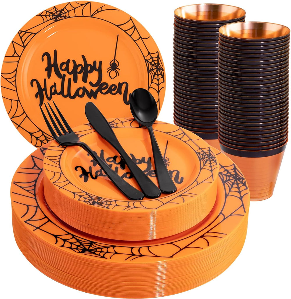 supernal 180 Pcs Orange and Black Halloween Plastic Dinnerware Set for 30