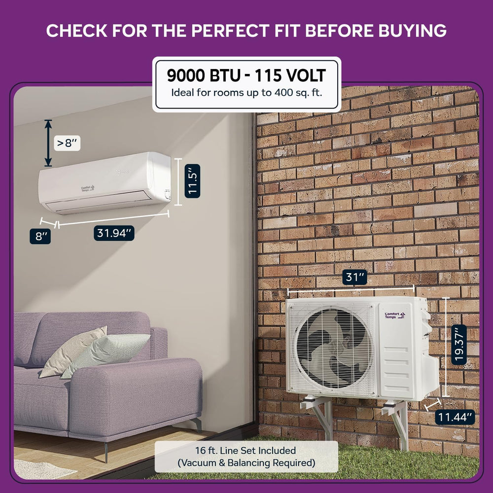 Comfort Temps Energy-Saving 9000 BTU Mini Split 110V – 19 SEER, Pre-Charged, ...