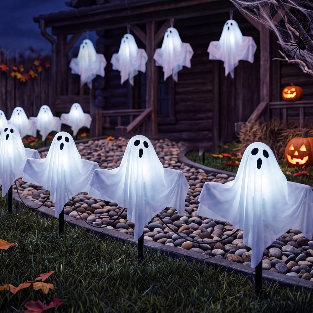 11.5FT Halloween Ghost Pathway Lights Outdoor, 4 Pack LED Lawn Stake Lights