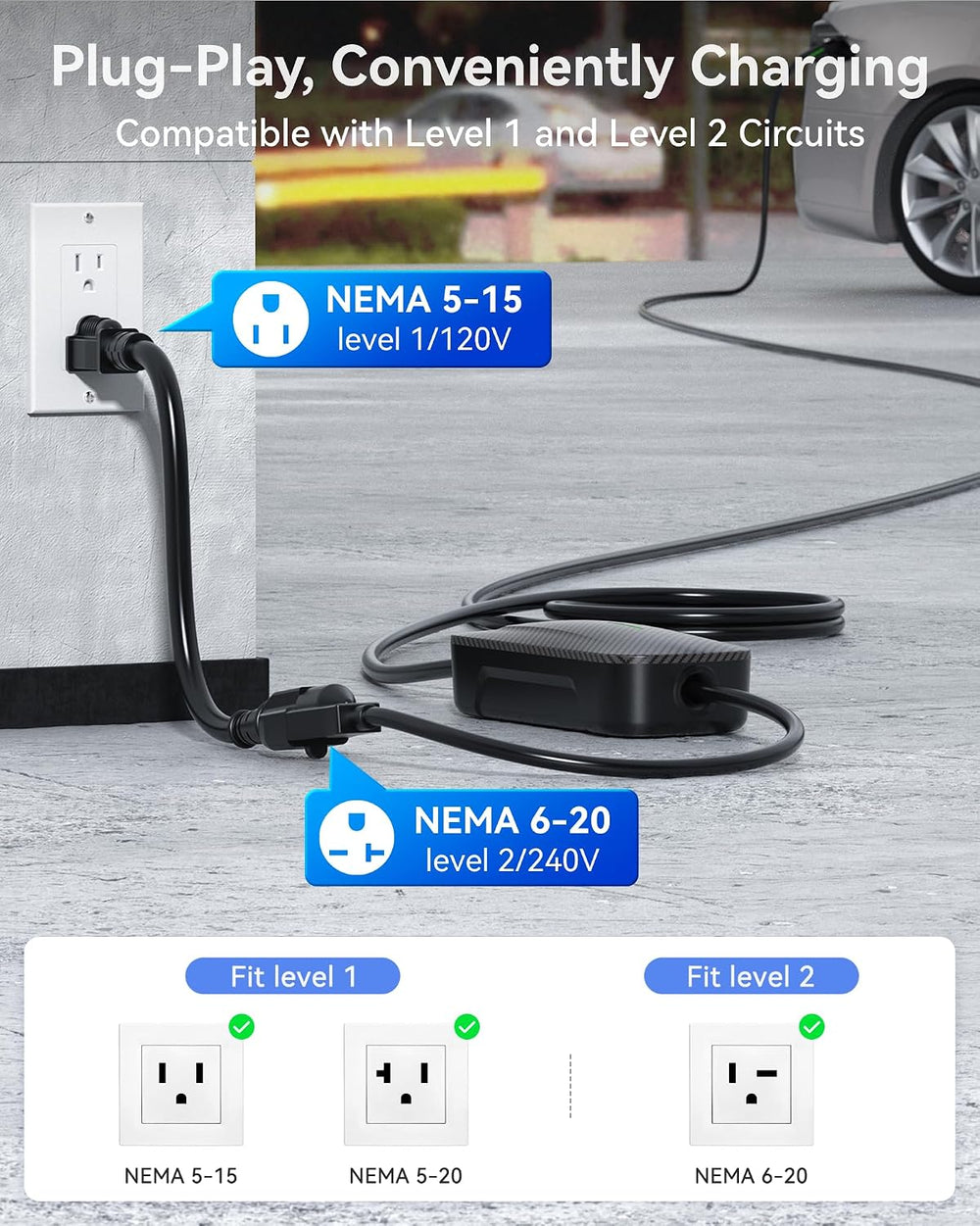 Ecogenix Level 1/2 EV Charger with Holder, 16A 25ft Cable Portable Mobile J17...