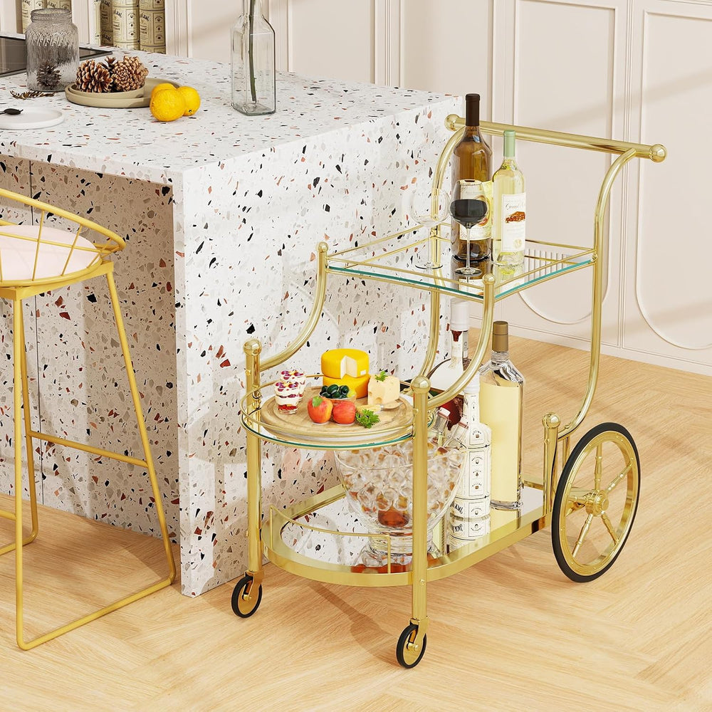 Tangkula Bar Cart, 3-Tier Rolling Home Bar Serving Cart with Mirrored Shelves...