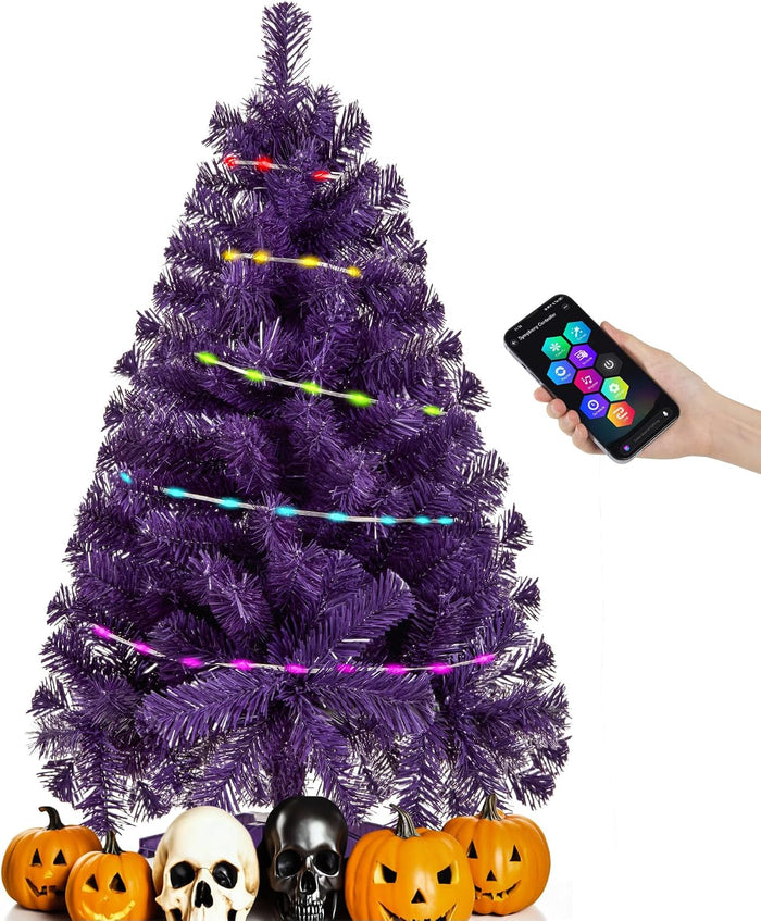 Purple 3ft Christmas Tree with Lights, Halloween 36inch Artificial Small Tree Mini Table Top Decorations, Xmas Desk Tree with 80 Color Lights, 200 Branch, Holiday Decor for Home,Indoor Office Tabletop