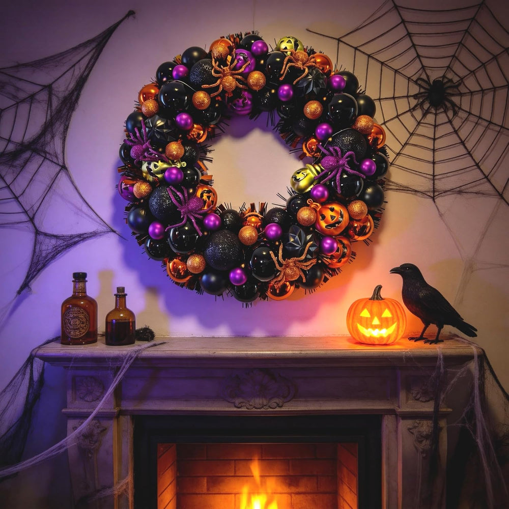 HipTree 17 Inch Halloween Ball Wreath for Front Door with Lights