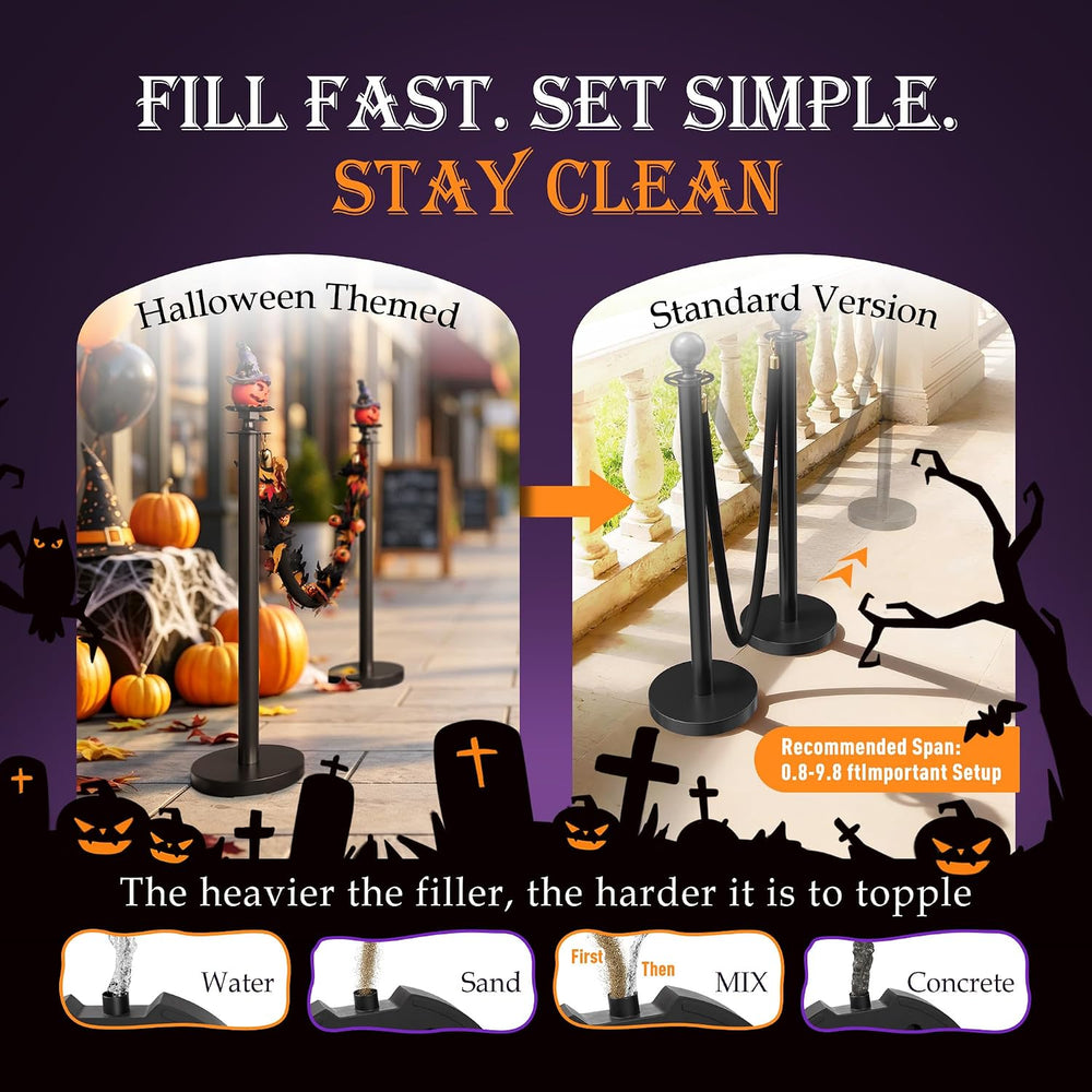 6 Pack Halloween Hat Pumpkin Head Black Stanchions and Velvet Ropes Set, Stai...