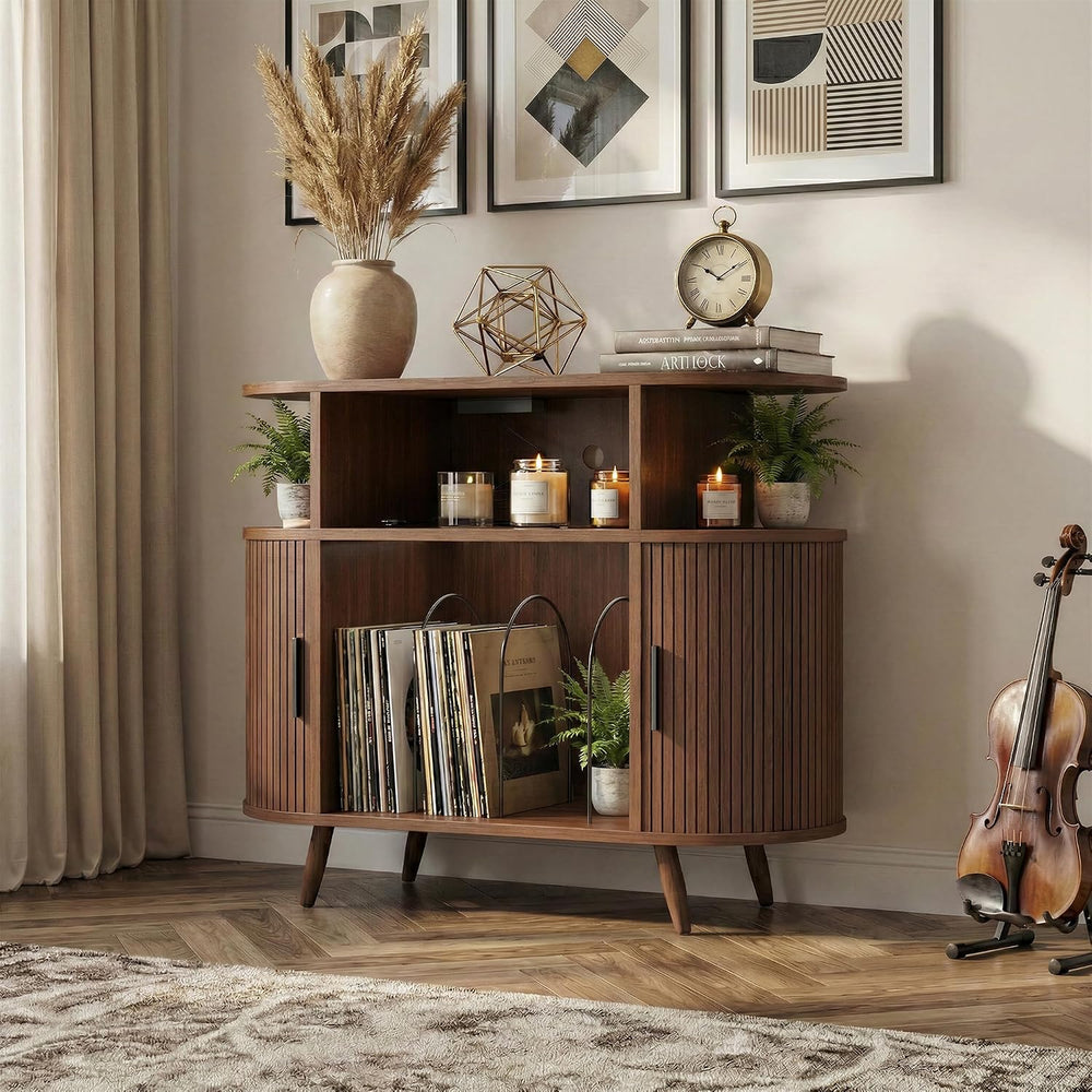 35" Record Player Stand with Storage, Media Stereo Shelf Charging, Walnut