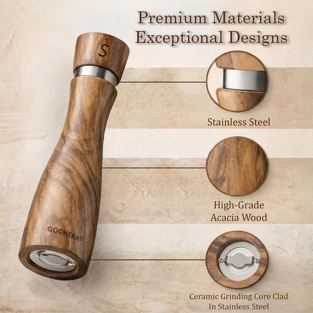 Premium Acacia Wood Salt & Pepper Grinder Set, 8-Inch, 2 Pack