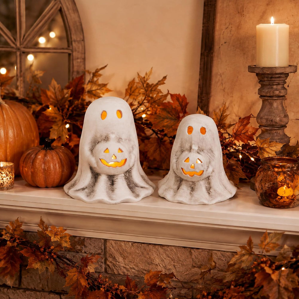 Tioncy 2 Pcs Halloween Terracotta Ghost Tealight Holder, White, Retro