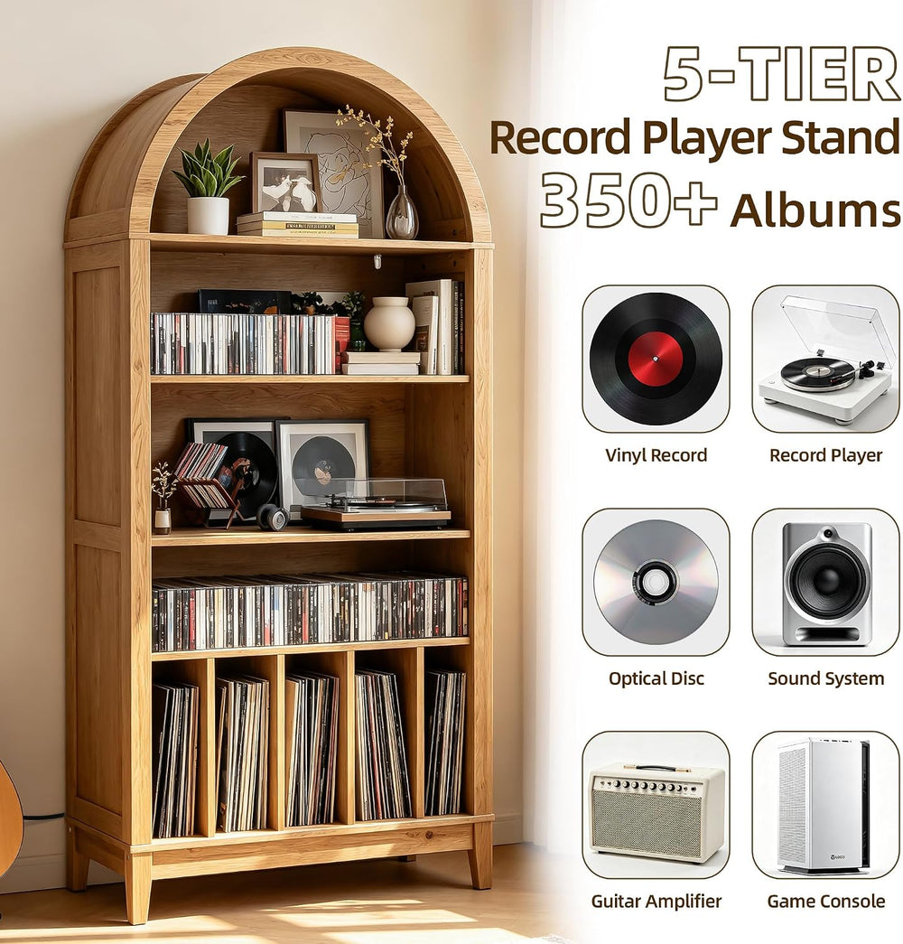 Large Record Player Stand Holds 350+ Albums, 5 Tier Arched Bookshelf Vinyl Re...