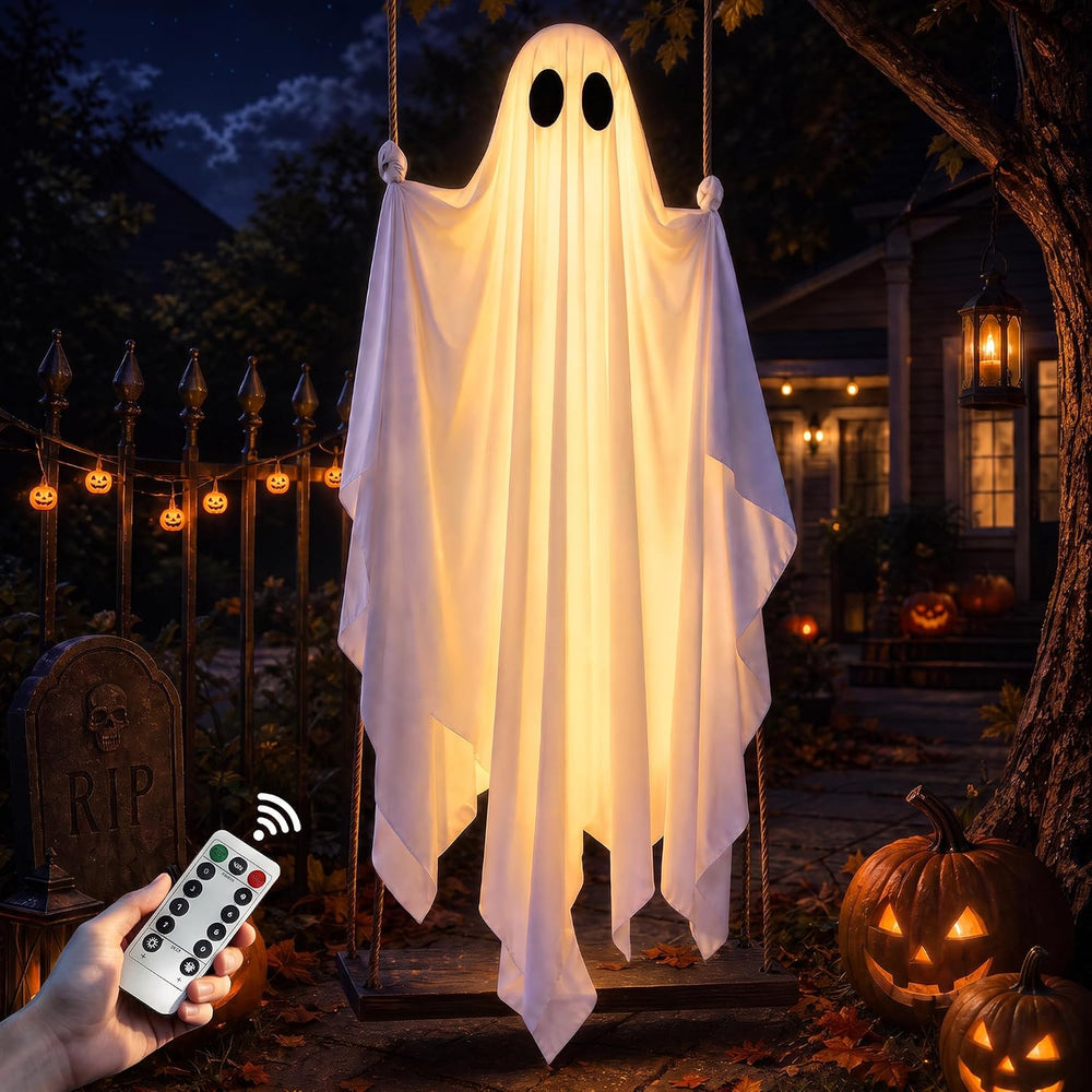 Hanging Ghost Halloween Decorations Outdoor, 7-12 FT Light Up Ghost Swing