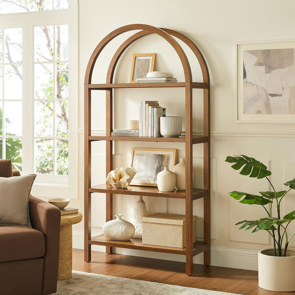Modway Vexley 72 Inch Large Arched Bookshelf in Walnut – Modern Pine and Acac...
