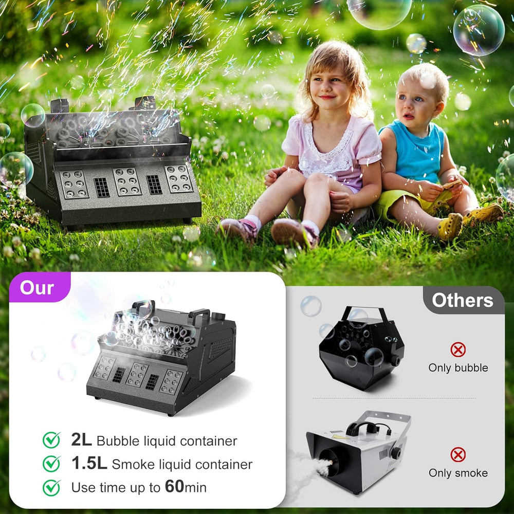 2000W Fog Machine, 3 in 1 Fog Bubble Machine with 2 Bubble Fans, 18 RGB LED L...
