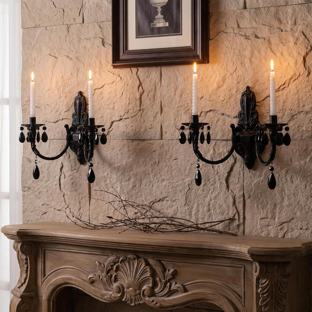 Black Iron Candle Sconces Gothic Wall Candle Holder Set of 2, Handcrafted Wro...