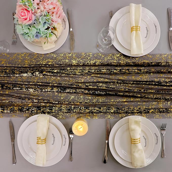 Snowkingdom 10 Pcs Black & Gold Cheesecloth Table Runner 10 FT, Sheer Chi...