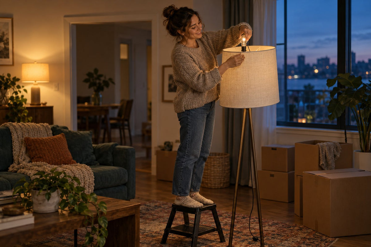 A woman changing the bulb in a fabric floor lamp at dusk