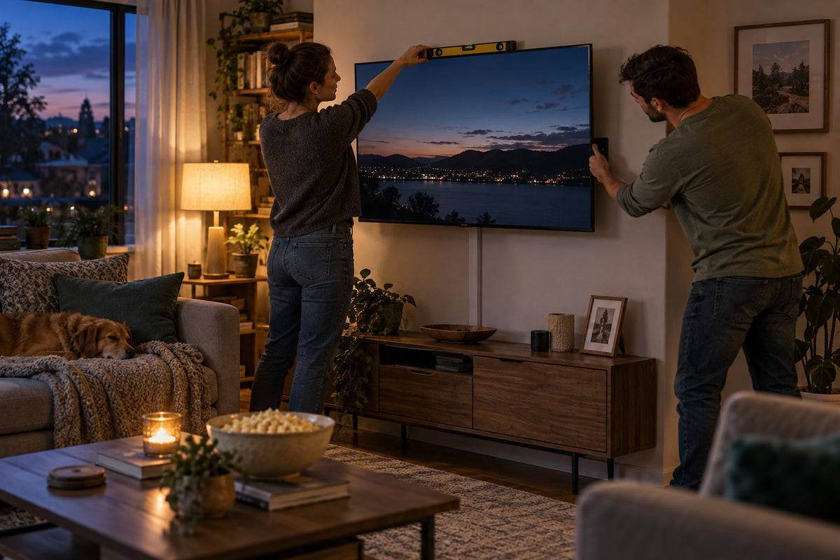 A couple hanging a TV on the living room wall with a level