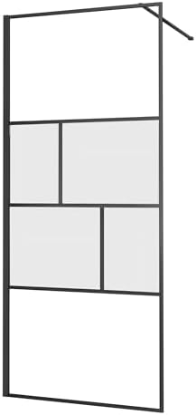 Bathroom Shower Door, Modern Grid Shower Door 34 * 74 Inch, 5/16"(8mm) Clear Tempered Glass and Frosted Glass Shower Panel, Matte Black