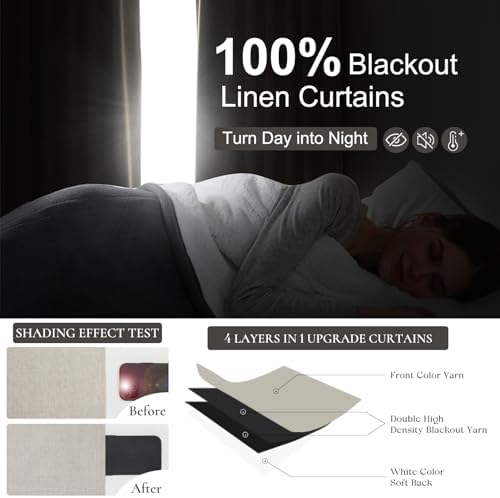 QJmydeco 100% Blackout Curtains 45 Inches Long 2 Panels Set, Short Linen Heat Blocking Drapes 46 Inch Small Window Decor for Kitchen Bedroom Bathroom Thermal Insulated Textured Look Hook Belt