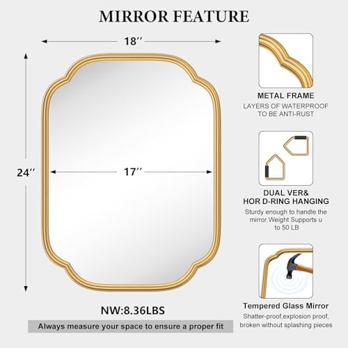 Ferytange Gold Mirrors for Bathroom, 18" x 24" Rectangular Wall Mirror for Bathroom Metal Frame Farmhouse Rounded Corner Wall Mirror (Horizontal/Vertical)