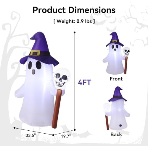 4FT Halloween Inflatables White Ghost Wearing Hat Decorations