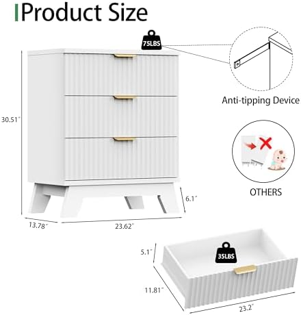 Fluted Dresser for Bedroom with 3 Drawers, 24" Wide Modern Chest of Drawers with Metal Handle, Wooden Dresser TV Stand, Wood Closet Clothes Storage Drawer Organizer for Living Room, Hallway, White
