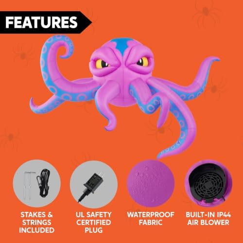 JOYIN 10FT Long Halloween Inflatable Rooftop Octopus Decoration with Built-in LED Lights, Self-Inflating Blow Up Octopus for Outdoor Yard Lawn Garden House Patio Porch, Spooky Glowing Halloween Decor