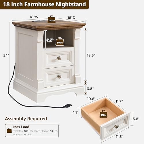 Farmhouse Nightstand with Charging Station 18"Wood End Table w/Roman Column