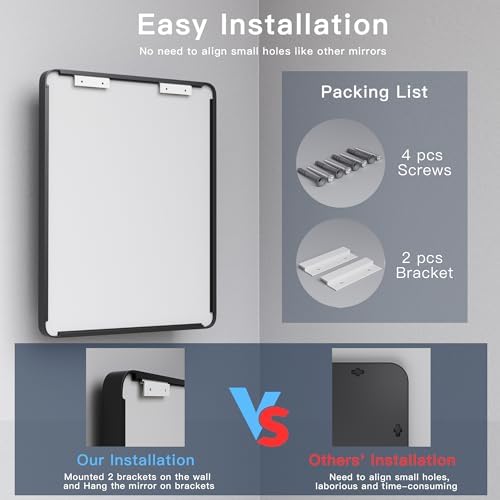 ISKM Wall Mounted Mirror 20x16, Black Framed Bathroom Mirror, Round Corner