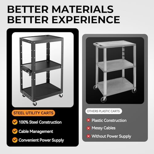 Auto Dynasty Adjustable AV Cart w/Power Strip, 4 ft Rolling Stand, Black