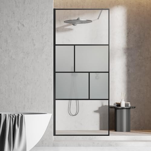 Bathroom Shower Door, Modern Grid Shower Door 34 * 74 Inch, 5/16"(8mm) Clear Tempered Glass and Frosted Glass Shower Panel, Matte Black