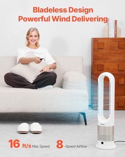 VEVOR Tower Fan Bladeless, 16 ft/s Velocity Quiet Floor Fan with Cooling Effect & Heating Mode, 80° Remote Oscillating Fan, 8-Speed 9H Timer Standing Fans for Bedroom, Office, Home